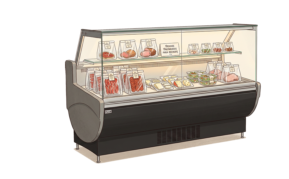 Shop display case with prepared products for pickup